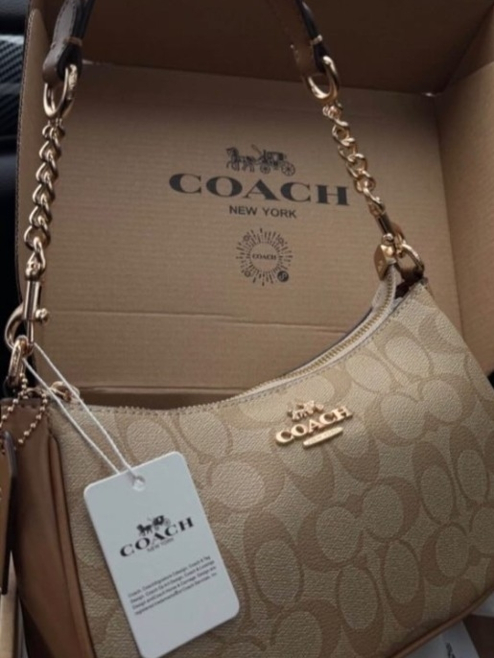 Coach Beige and Tan Shoulder Bag with Gold